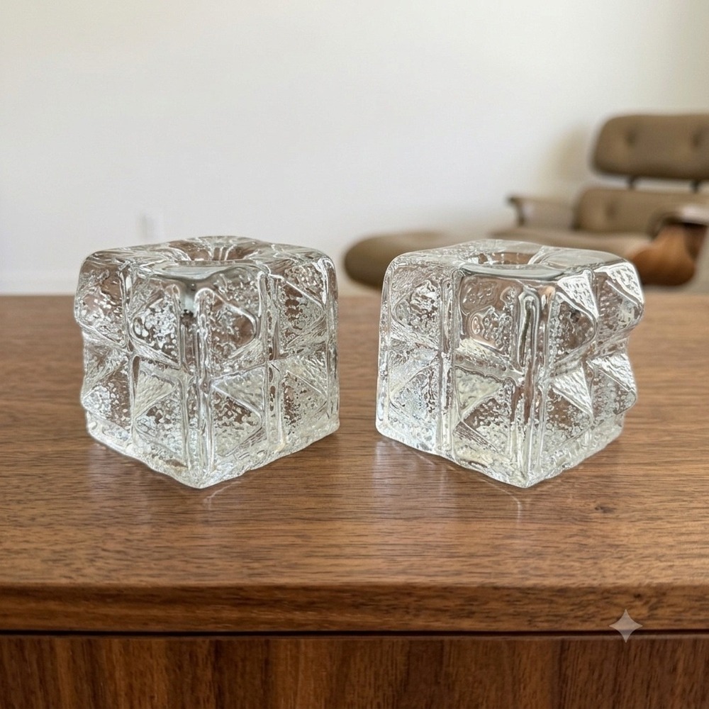 Blenko 802S Crystal Ice Glass Taper Candle Holders Pair 1980 MCM‎